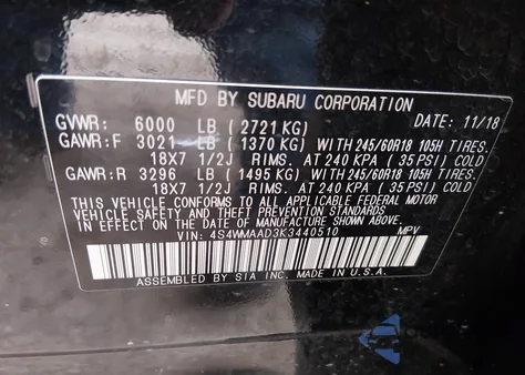 2019 Subaru Ascent z USA, uszkodzony, nr VIN 4S4WMAAD3K3440510